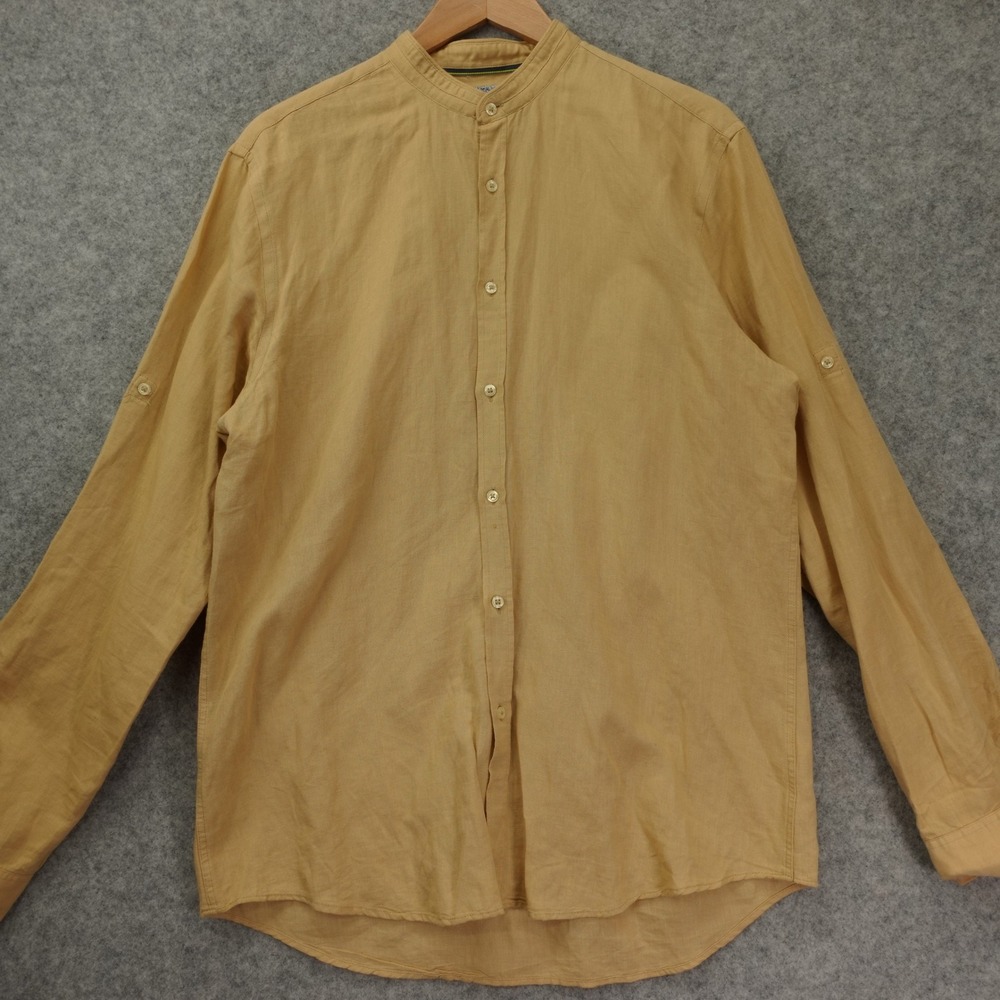 ZARA Mens Linen Shirt LARGE Camel Tan Relaxed Fit Mandarin Collar Summer Light